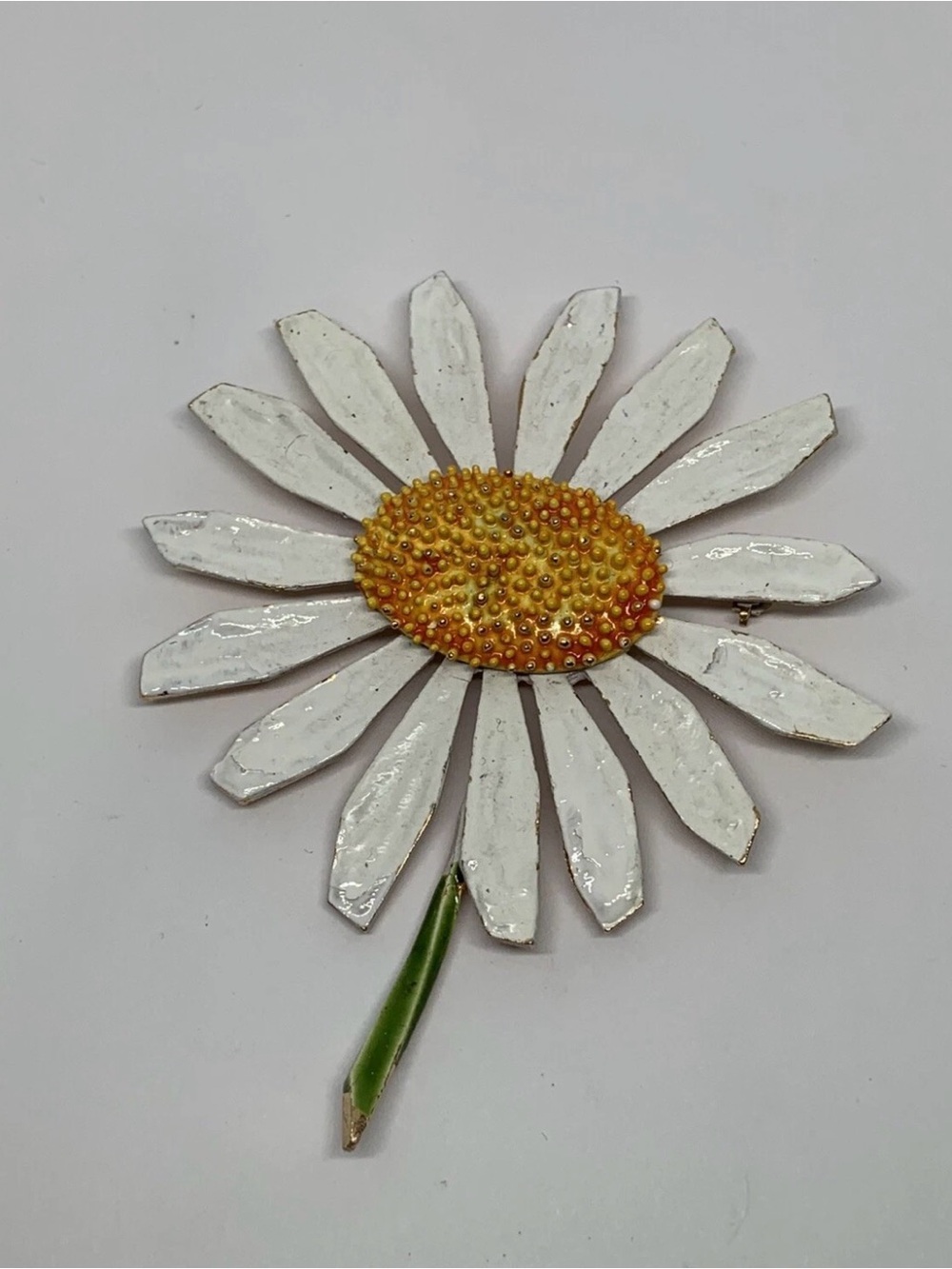 Vintage CAPRI Enamel Daisy Gold Tone Brooch Signed 3”